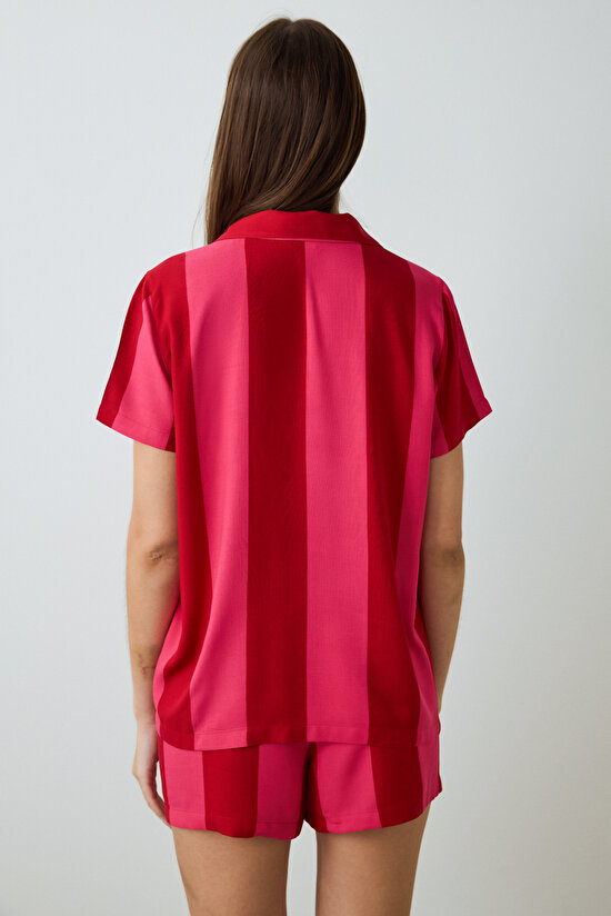 Red For You Patterned Shirt Collar Short Sleeve Shorts Pajama Set Red For You Patterned Shirt Collar Short Sleeve Shorts Pajama Set - 4