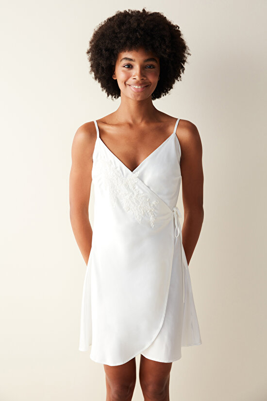 Bridal Saten Dantel Detaylı Kırık Beyaz Elbise - 3