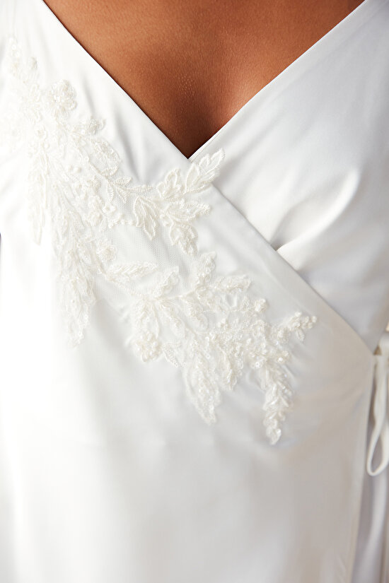 Bridal Saten Dantel Detaylı Kırık Beyaz Elbise - 4