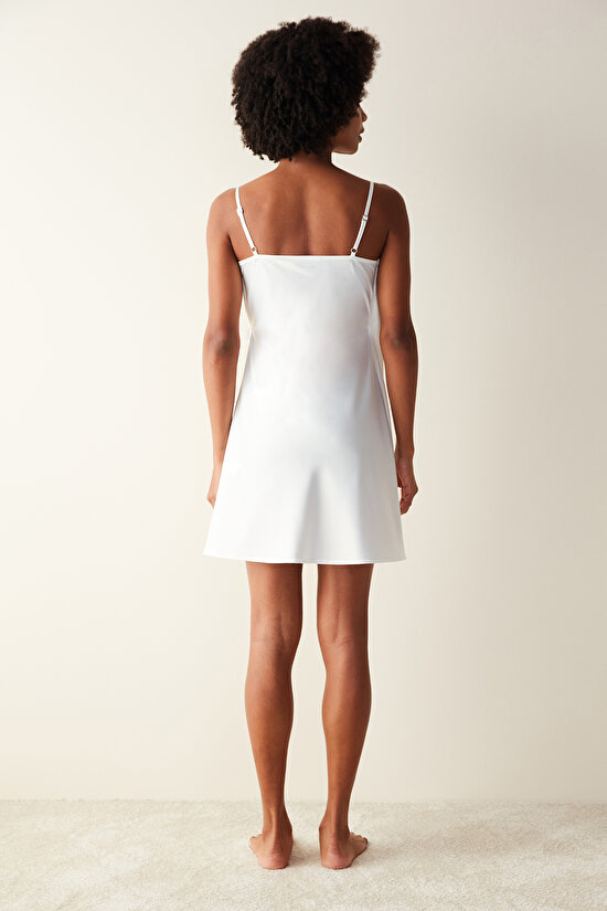 Bridal Saten Dantel Detaylı Kırık Beyaz Elbise - 5