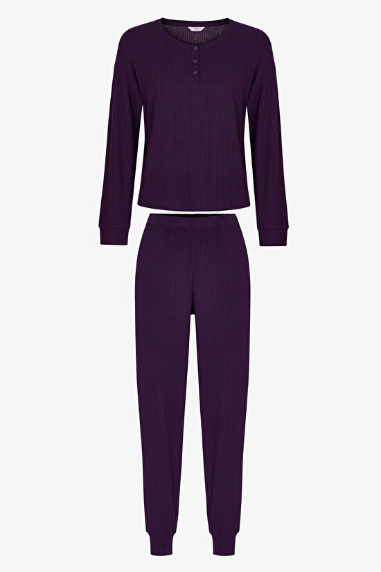 Mor Midnight Mood Fitilli Pantolon Uzun Kollu Pijama Takımı - 1