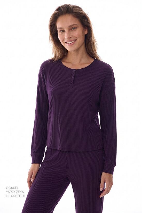 Mor Midnight Mood Fitilli Pantolon Uzun Kollu Pijama Takımı - 2