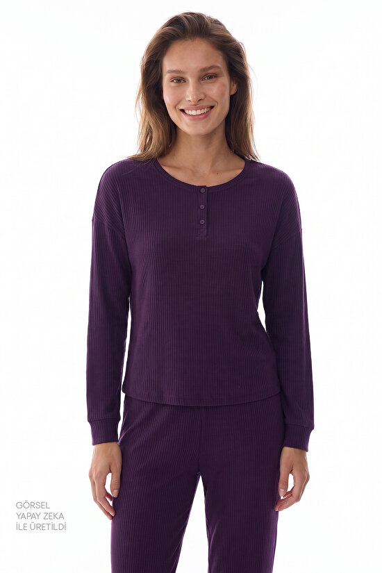 Mor Midnight Mood Fitilli Pantolon Uzun Kollu Pijama Takımı - 3