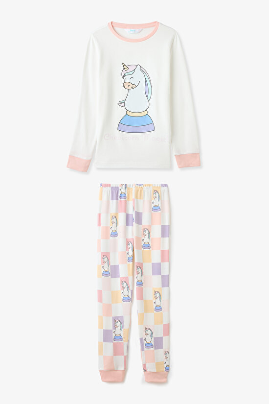 Kırık Beyaz Kız Çocuk Chessicorn Unicorn DesenliUzun Kollu Pijama Takımı - 1