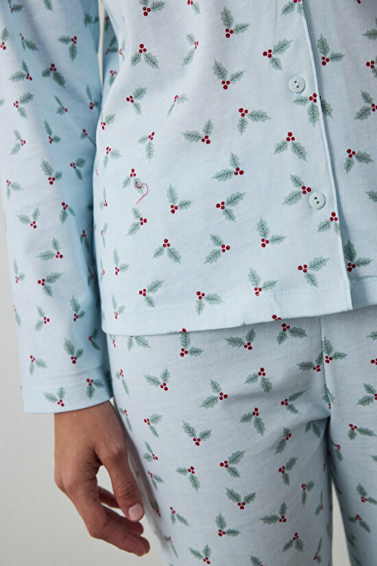 Açık Mavi Merry Gömlek Yaka Pamuklu Pijama Takımı - 4