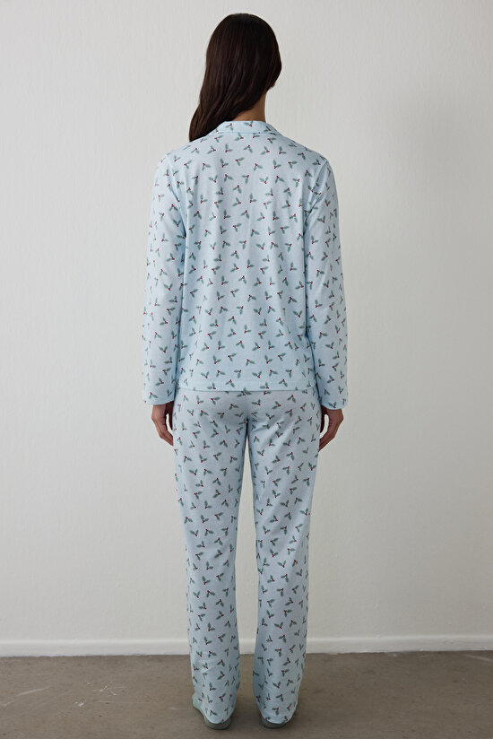Açık Mavi Merry Gömlek Yaka Pamuklu Pijama Takımı - 5