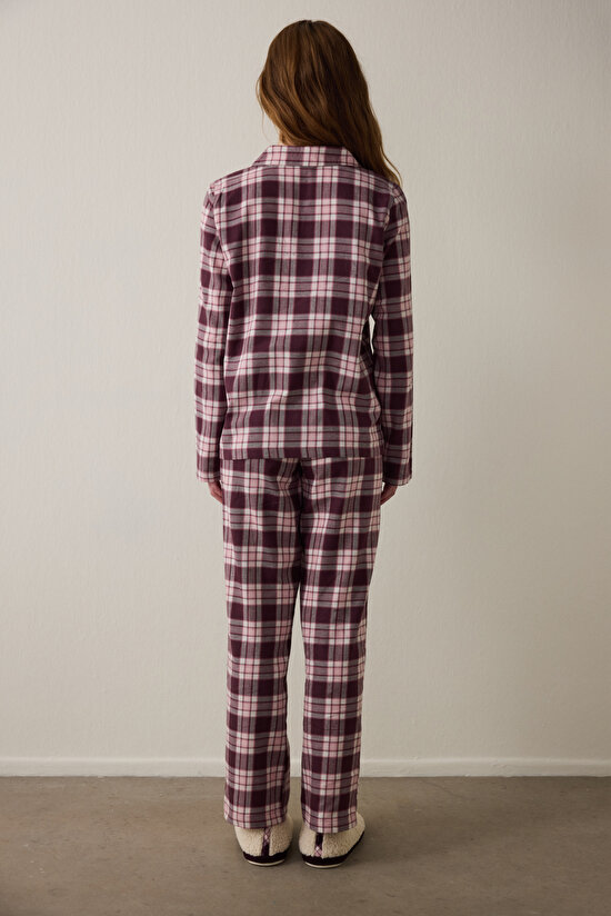Bordo Ekoseli Gömlek Yaka Pamuklu Pijama Takımı Bordo Ekoseli Gömlek Yaka Pamuklu Pijama Takımı - 3