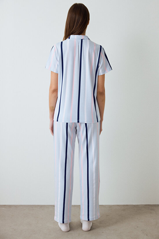 Light Blue Sanrio Striped Shirt Collar Short Sleeve Pajama Set Light Blue Sanrio Striped Shirt Collar Short Sleeve Pajama Set - 4