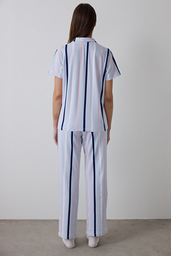 Light Blue Sanrio Striped Shirt Collar Short Sleeve Pajama Set Light Blue Sanrio Striped Shirt Collar Short Sleeve Pajama Set - 6