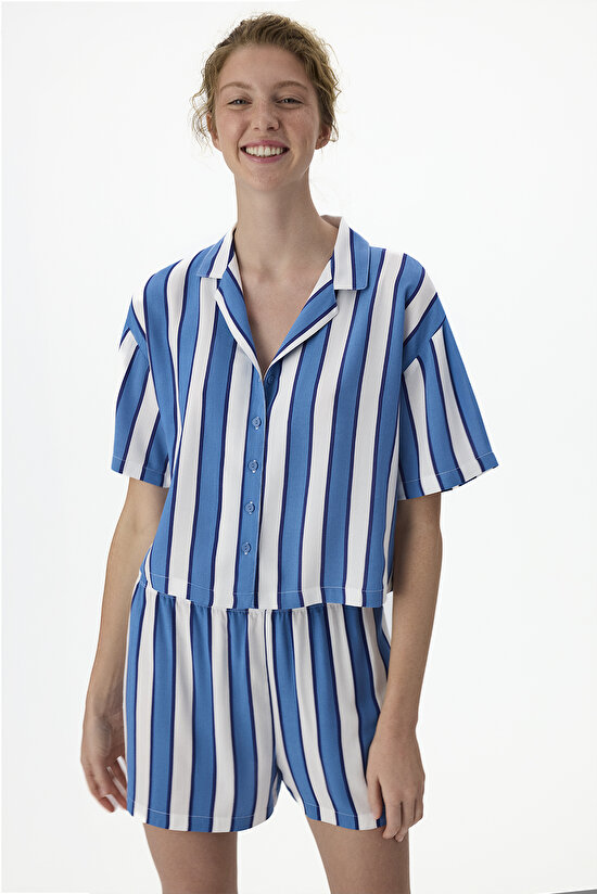 Mavi Vacation Striped  Gömlek Şort Pijama Takımı - 1