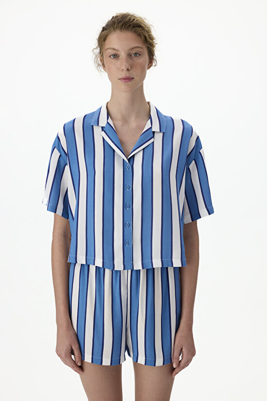 Mavi Vacation Striped  Gömlek Şort Pijama Takımı - 3