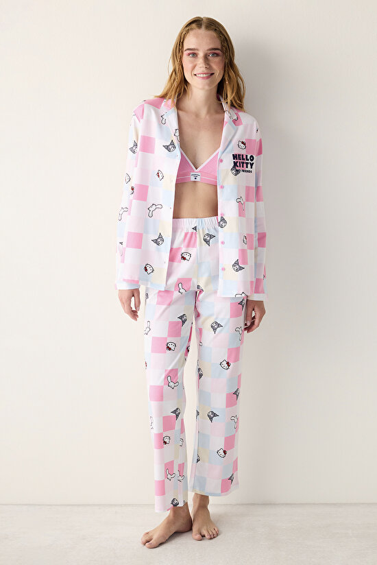 Pamuklu Sanrio Gingham Beyaz Düğmeli Gömlek Pantolon Pijama Takımı - 3