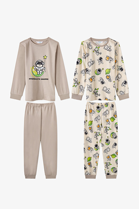 Erkek Çocuk Gri Space Friends Pamuklu Uzun Kollu 2'li Pijama Takımı - 1