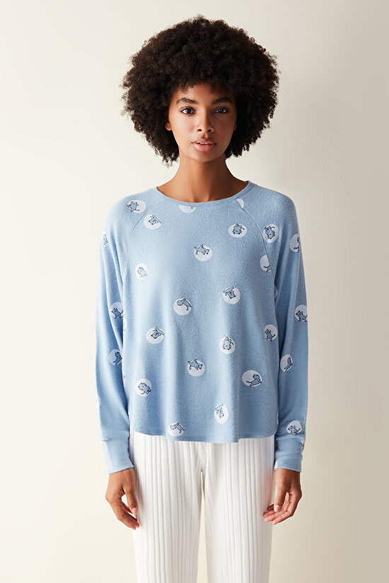 Moon Yoga Baskılı Sweatshirt Mavi Pijama Üstü - 2