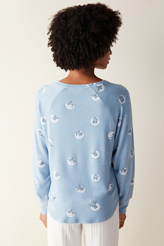 Moon Yoga Baskılı Sweatshirt Mavi Pijama Üstü - 5