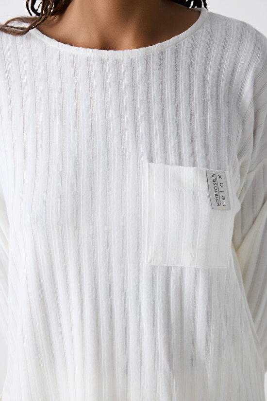Warm Hearts Rib Kırık Beyaz Sweatshirt Pijama Üstü - 3