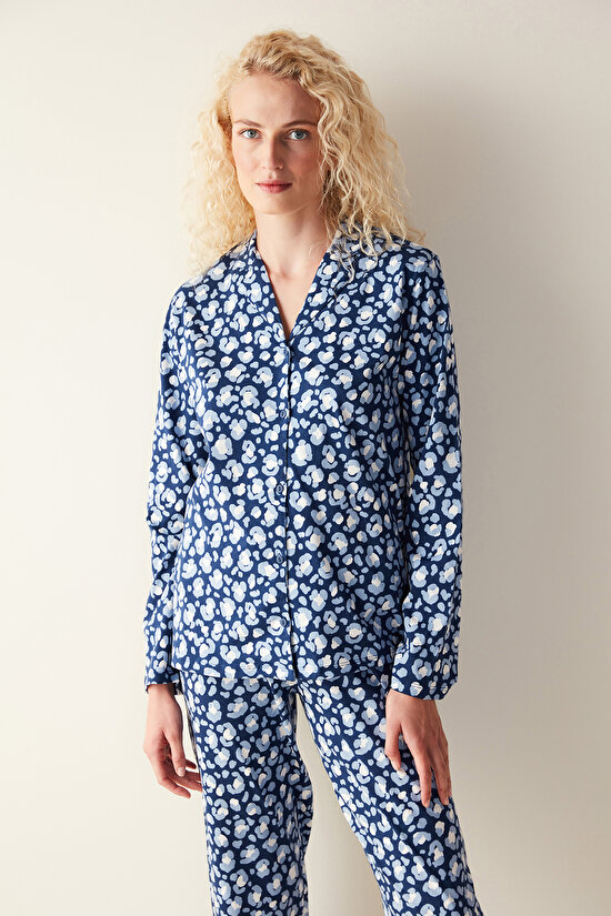 Leopar Baskılı Uzun Kollu Lacivert Gömlek Pijama Set - 4