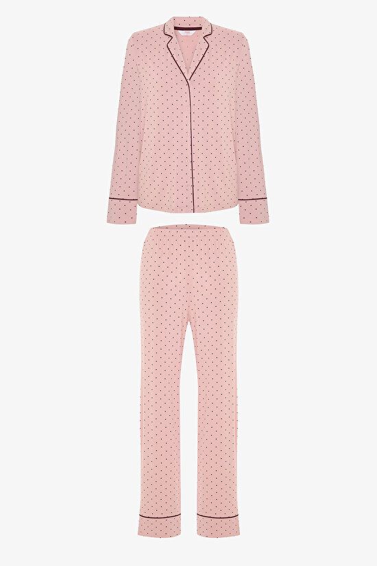 Pembe Puantiyeli Oversize Gömlek Yaka Pijama Takımı - 5