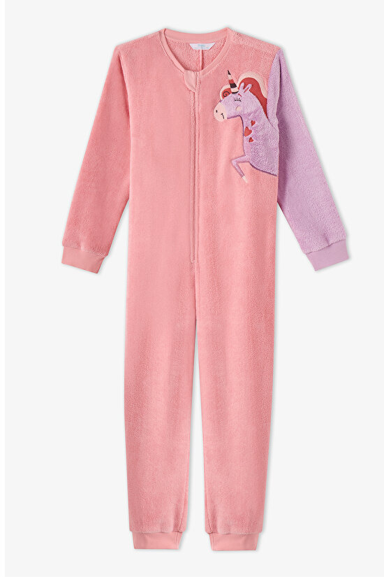 Kız Çocuk Pembe Drift Tef Unicorn Desenli Uzun Kollu Tulum - 2