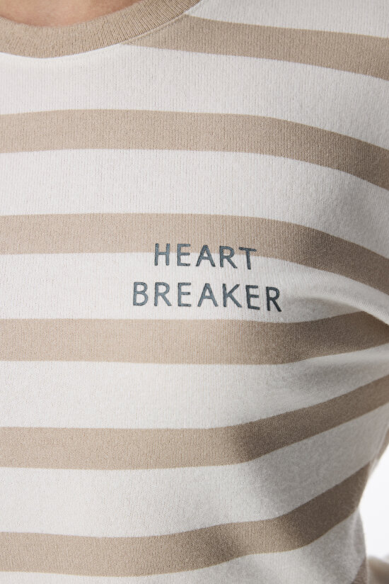 Beige Heart Breaker Striped Long Sleeve Pyjama Top - 2