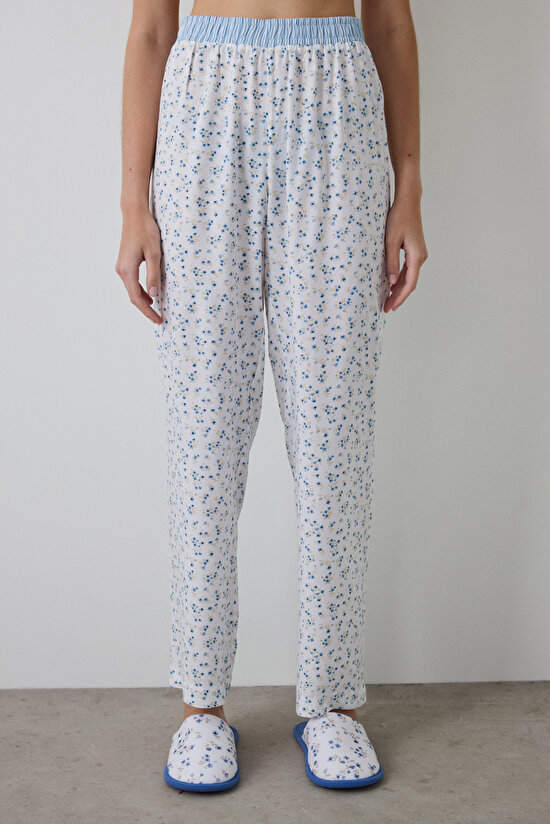 Optik Beyaz Lilah Çiçek Desenli Pijama Altı - 1