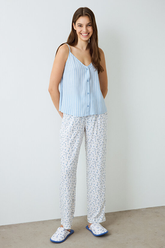 Optik Beyaz Lilah Çiçek Desenli Pijama Altı - 4