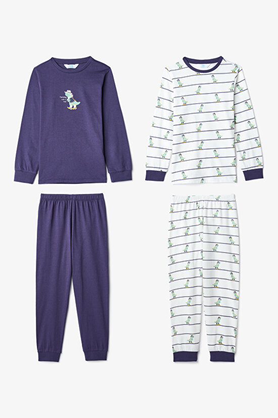 Boys Dino Farm Striped Cotton Long Sleeve 2-Piece Pajama Set - 1