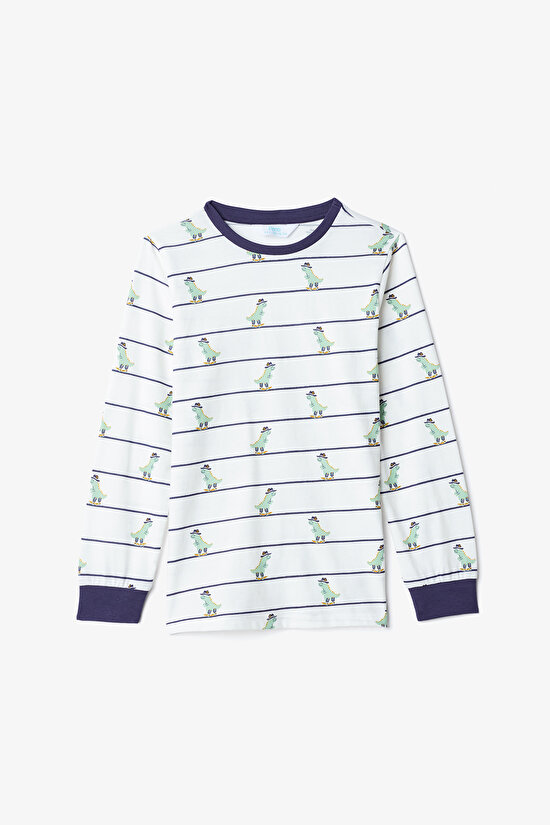 Erkek Çocuk Dino Farm Çizgili Pamuklu Uzun Kollu 2'li Pijama Takımı - 3