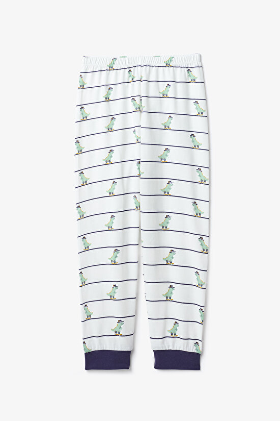 Erkek Çocuk Dino Farm Çizgili Pamuklu Uzun Kollu 2'li Pijama Takımı - 4