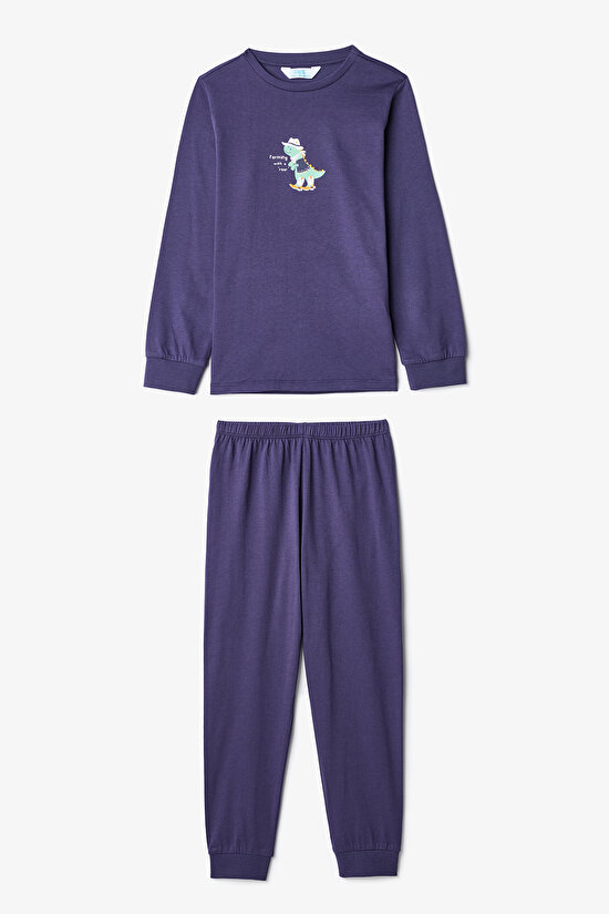 Erkek Çocuk Dino Farm Çizgili Pamuklu Uzun Kollu 2'li Pijama Takımı - 5