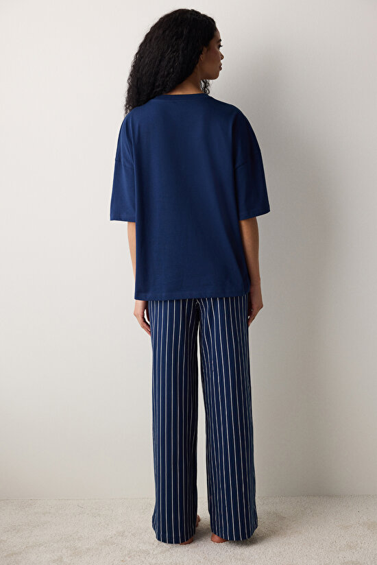 Pj Day Striped Pantolon Çizgili Lacivert Pijama Takımı - 6