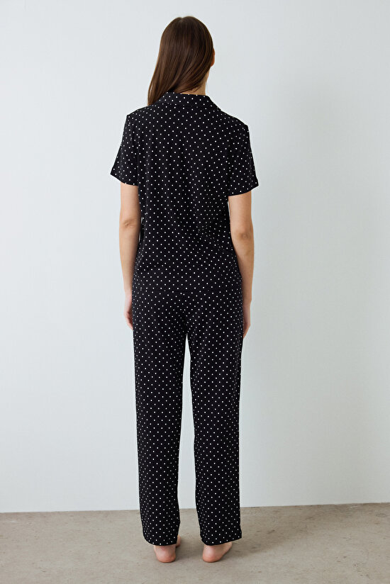 Black Polka Dot Patterned Shirt Collar Short Sleeve Pajama Set Black Polka Dot Patterned Shirt Collar Short Sleeve Pajama Set - 4
