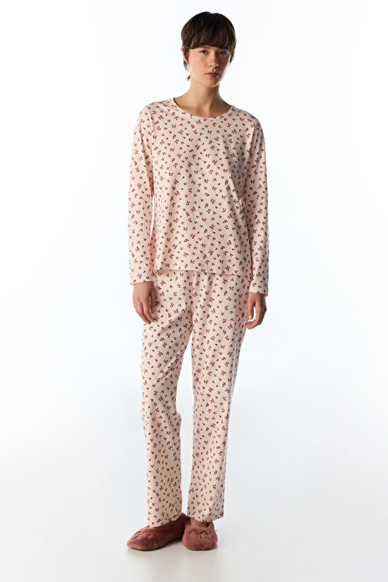 Açık Pembe Petal Çiçekli Uzun Kollu Pantolon Pijama Takımı - 1