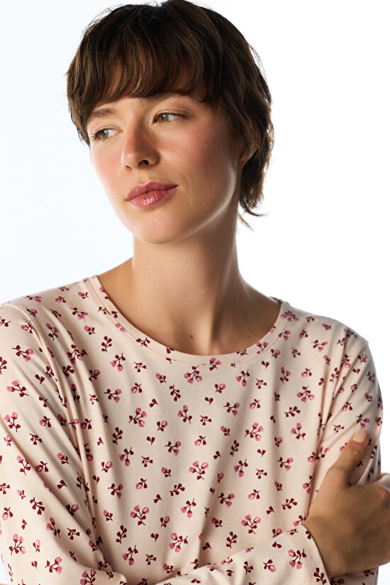 Açık Pembe Petal Çiçekli Uzun Kollu Pantolon Pijama Takımı - 3