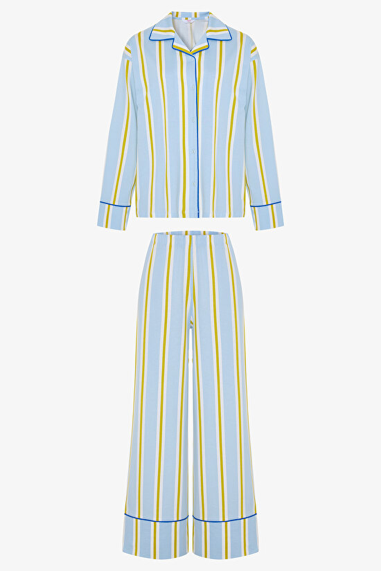 Açık Mavi Çizgili Gömlek Yaka Uzun Kollu Pijama Takımı- Inspired by Flora - 1