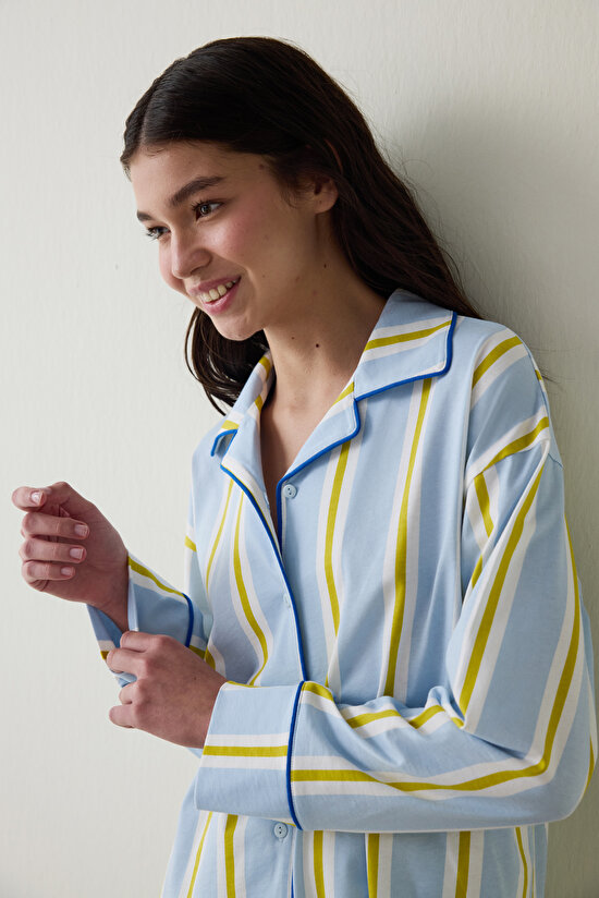Light Blue Striped Shirt Collar Long Sleeve Pajama Set- Inspired by Flora Light Blue Striped Shirt Collar Long Sleeve Pajama Set- Inspired by Flora - 3