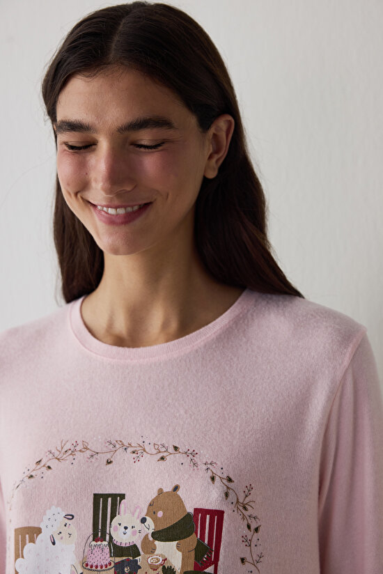 Gül Kurusu Good Mood Yeni Yıl Baskılı Bisiklet Yaka Pijama Üstü - 3