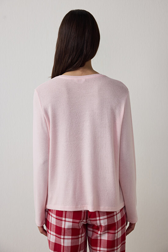 Gül Kurusu Good Mood Yeni Yıl Baskılı Bisiklet Yaka Pijama Üstü - 4