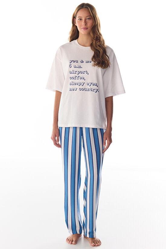 Beyaz Vacation Slogan Desenli Kısa Kollu Tişört Pijama Üstü - 1