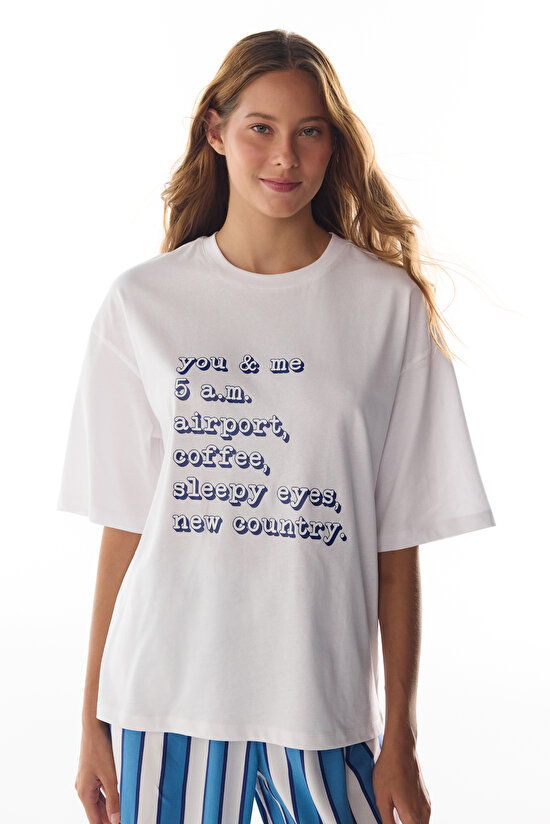 Beyaz Vacation Slogan Desenli Kısa Kollu Tişört Pijama Üstü - 2