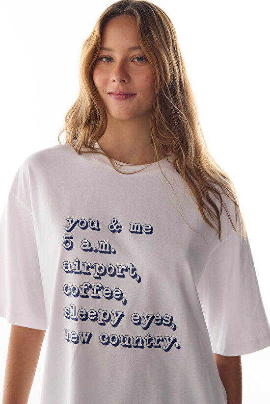 Beyaz Vacation Slogan Desenli Kısa Kollu Tişört Pijama Üstü - 3