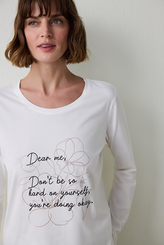 Dear Me Slogan Printed Crew Neck Long Sleeve Cotton Pajama Set Dear Me Slogan Printed Crew Neck Long Sleeve Cotton Pajama Set - 3