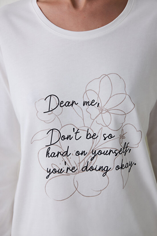 Dear Me Slogan Printed Crew Neck Long Sleeve Cotton Pajama Set Dear Me Slogan Printed Crew Neck Long Sleeve Cotton Pajama Set - 4