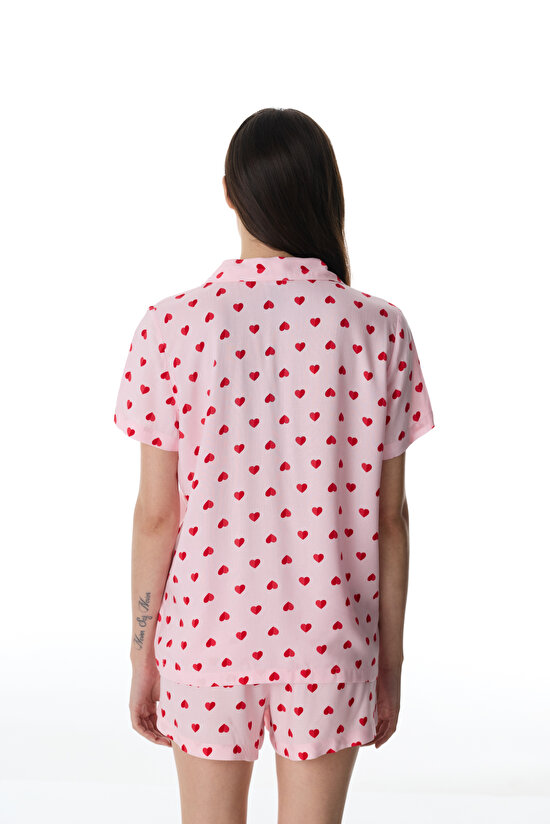 Pembe Cute Hearts Gömlek Şortlu Pijama Takımı - 3