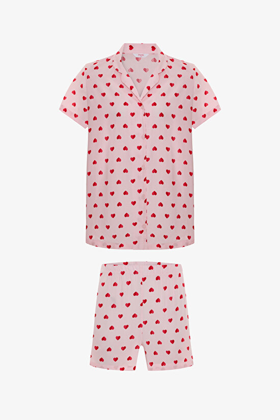 Pembe Cute Hearts Gömlek Şortlu Pijama Takımı - 4