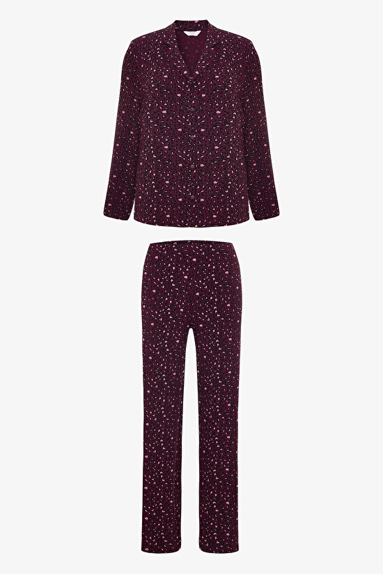 Bordo Leopar Desenli Fitilli Gömlek Yakalı Uzun Kollu Pijama Takımı - 1