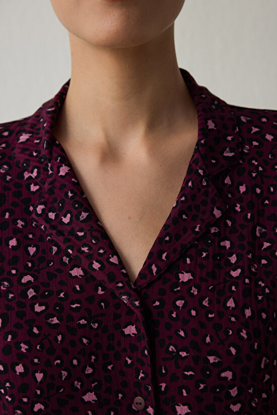 Bordo Leopar Desenli Fitilli Gömlek Yakalı Uzun Kollu Pijama Takımı - 3
