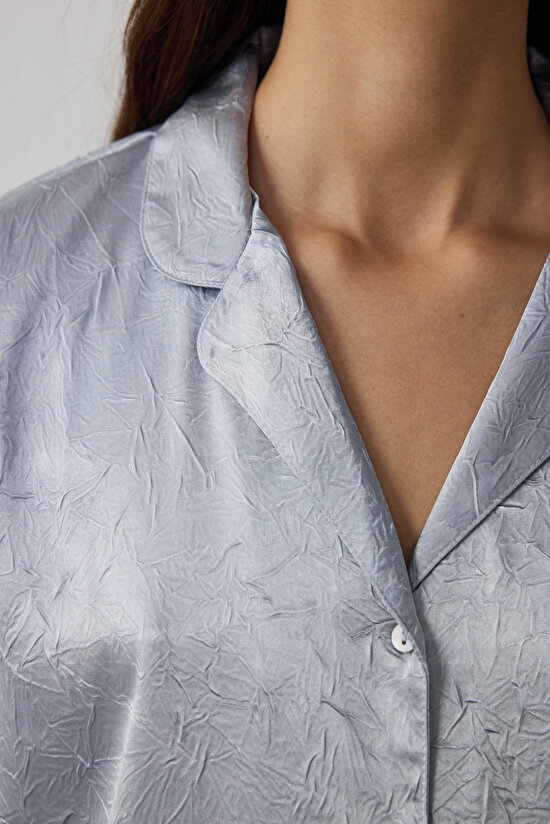 Açık Gri Saten Gömlek Yaka Düğmeli Uzun Kollu Pijama Takımı - 3