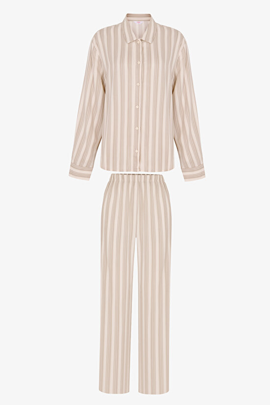 Ekru Not Today Çizgili Uzun Kollu Gömlek Pantolon Pijama Takımı - 1