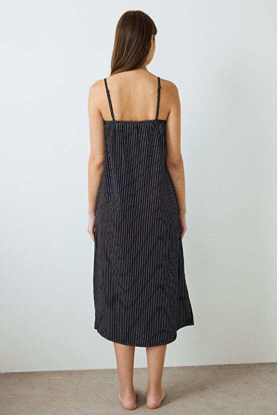 Siyah Çizgili V Yaka Ayarlanabilir Askılı Gecelik - 4